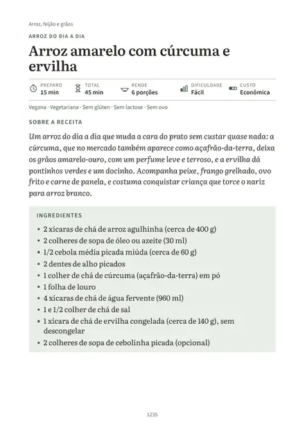 Primeira página de uma receita, com ingredientes em caixa e os passos numerados ao lado