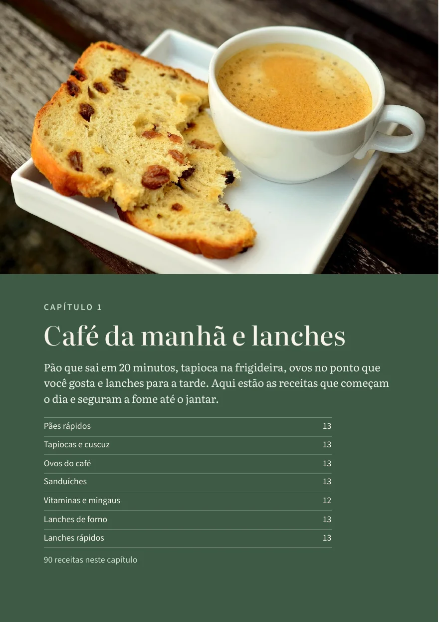 Abertura do capítulo 1, Café da manhã e lanches, com foto ilustrativa, sete seções e 90 receitas.