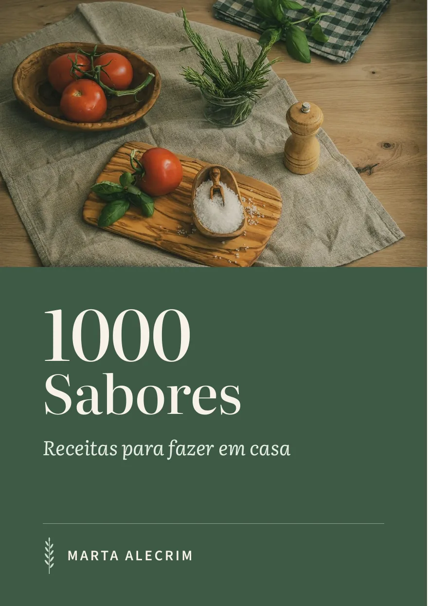 Capa do livro 1000 Sabores, Receitas para fazer em casa, de Marta Alecrim, sobre foto ilustrativa de tomates, alecrim e manjericão.