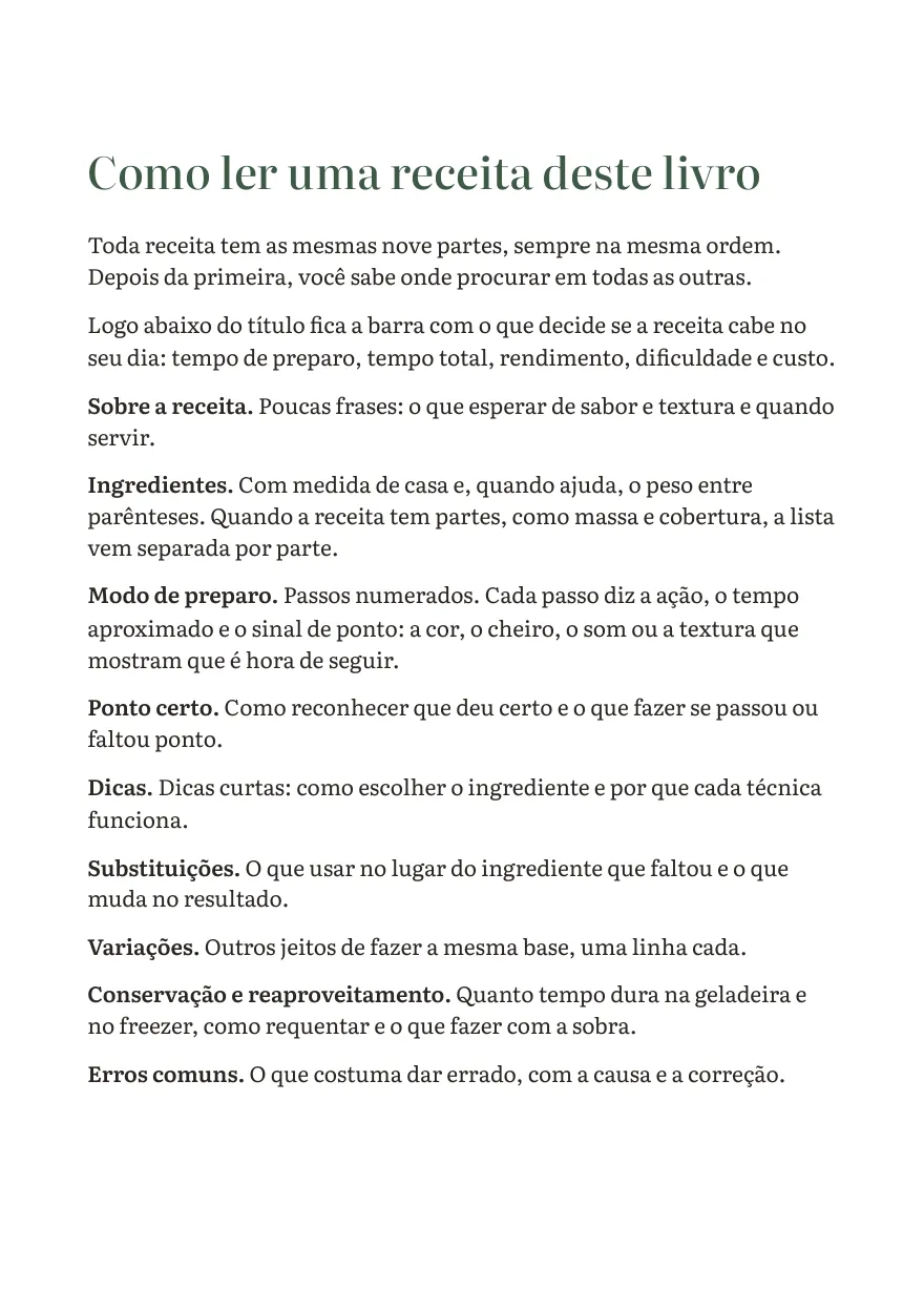 Página Como ler uma receita deste livro: as nove partes de toda receita, sempre na mesma ordem, com uma frase sobre cada uma.
