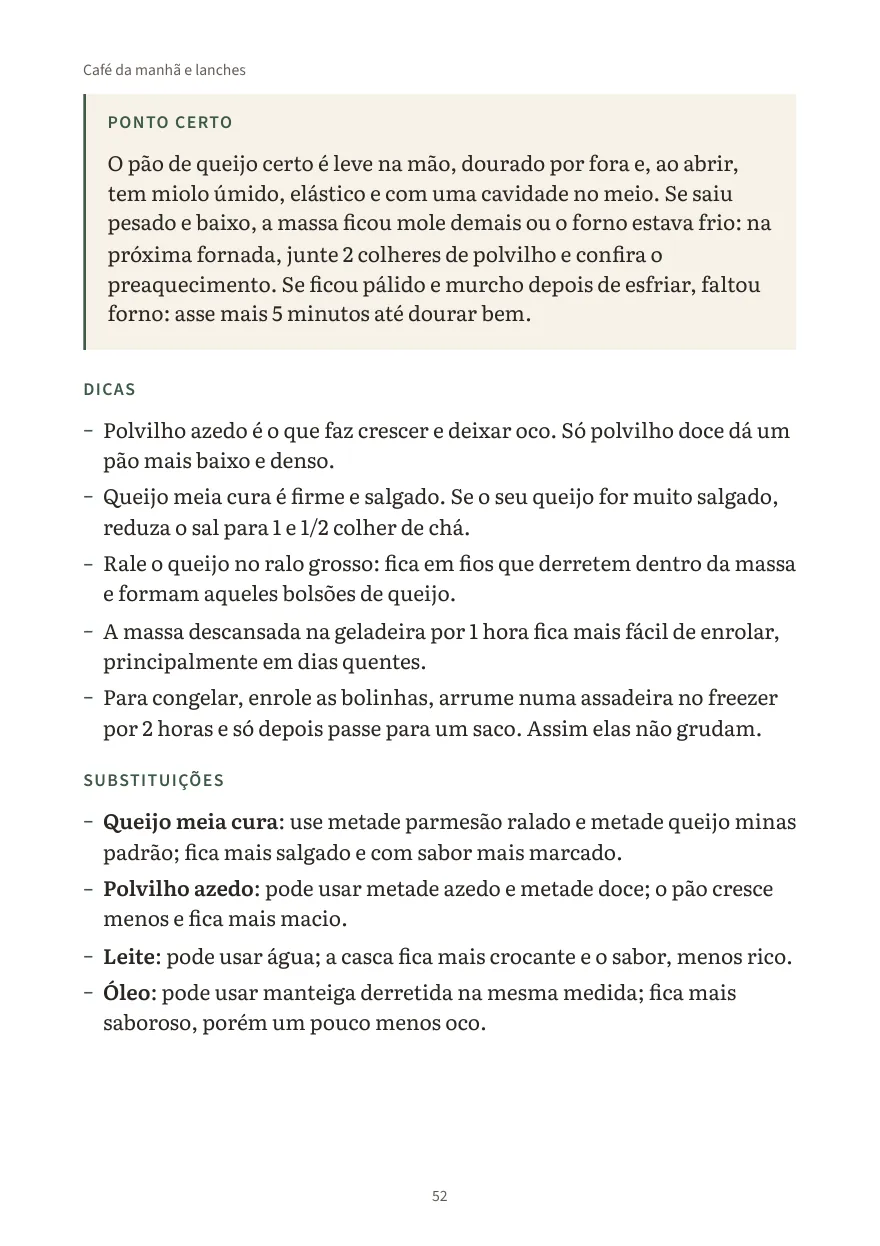 Continuação do pão de queijo: o quadro Ponto certo, as dicas e as substituições.