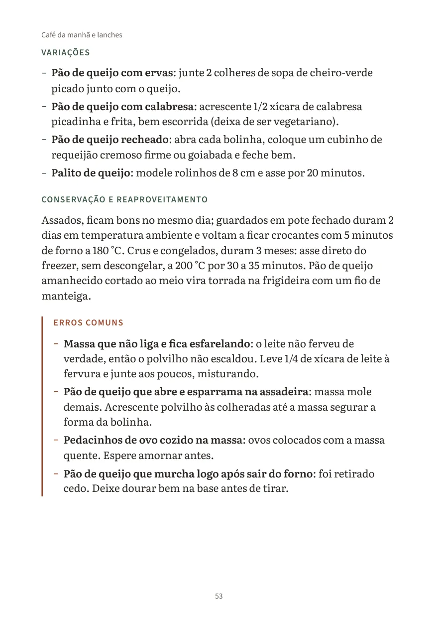 Fim da receita do pão de queijo: variações, conservação e reaproveitamento e o quadro Erros comuns, com causa e correção.