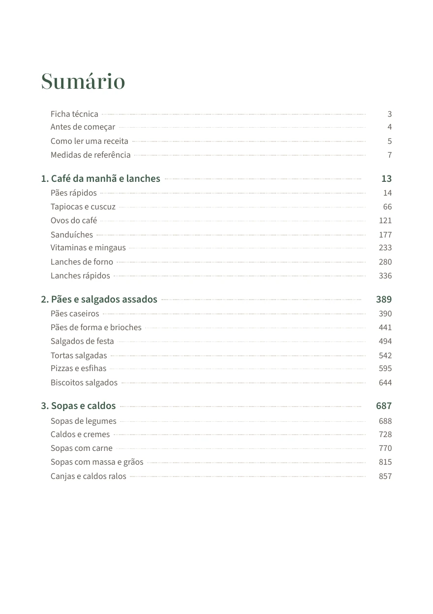 Primeira página do sumário: ficha técnica, como ler uma receita, medidas e os capítulos 1 a 3 com suas seções e páginas.