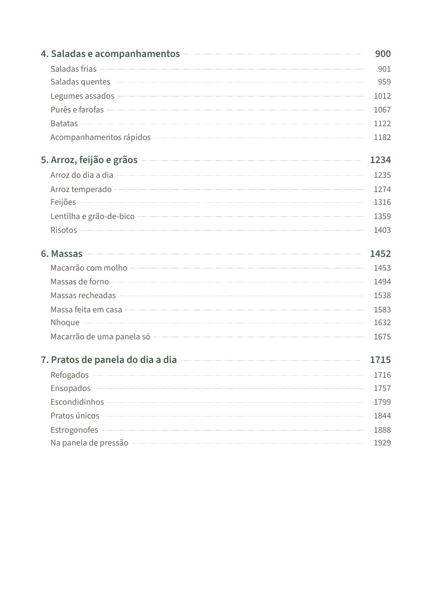 Continuação do sumário: capítulos 4 a 7, de Saladas e acompanhamentos a Pratos de panela, com suas seções e páginas.